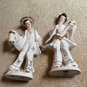 Lefton White and Black Porcelain Pierrot Figurines with Gold Accents